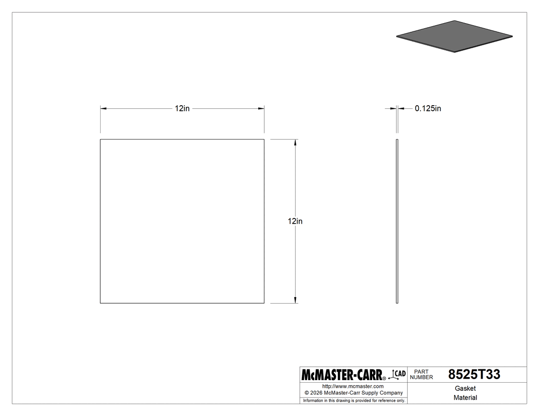 Technical Drawing of Gasket Material, Water- and Refrigerant-Resistant Neoprene, 12" x 12", 1/8" Thick.